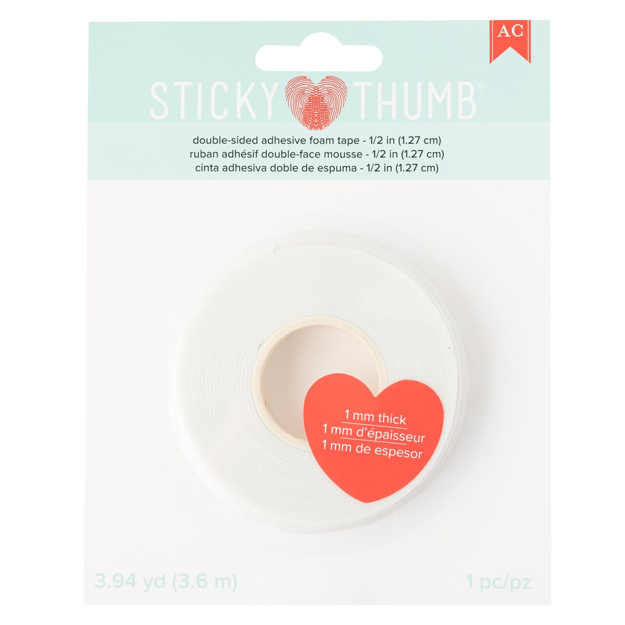 Sticky Thumb Double-Sided Foam Tape 3.94 Yards-White, 0.50"X1mm